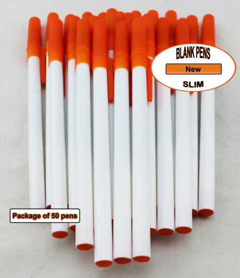 Slim Pen -White Body and Orange Accents- Blanks - 50pkg - Click Image to Close