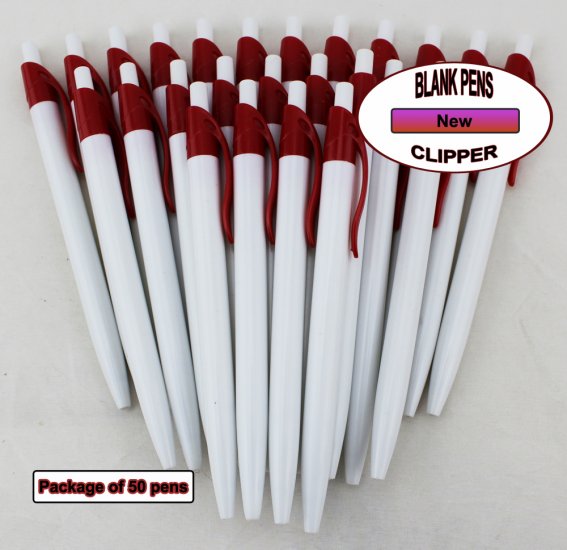 Clipper Pens - White Body with Red Clip - Blanks - 50pkg - Click Image to Close