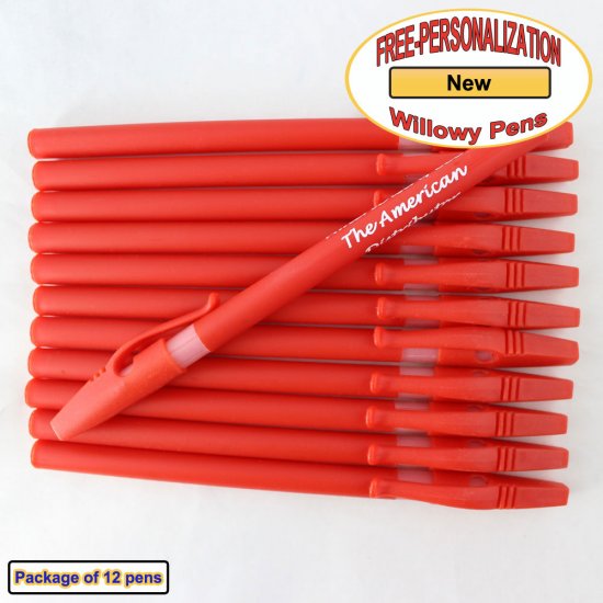 Personalized Willowy Pen, Solid Red Body Clear Grip 12 pk - Click Image to Close