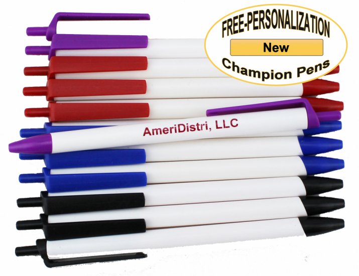 White Body - Assorted Top & Bottom - Champion Pens - 12 pkg. - Click Image to Close