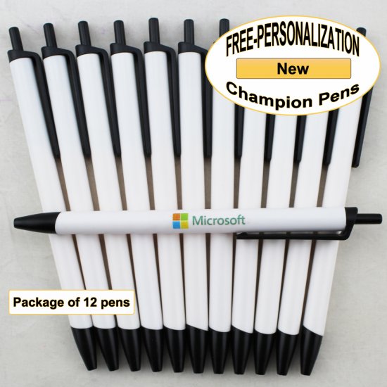 Champion Pen, White Body, Black Accents 12 pkg - Custom Image - Click Image to Close