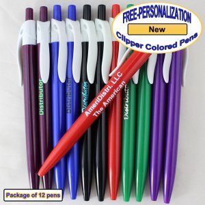 Personalized Colored Clip Pen, Assorted Body White Clip 12 pkg