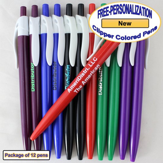 Personalized Colored Clip Pen, Assorted Body White Clip 12 pkg - Click Image to Close