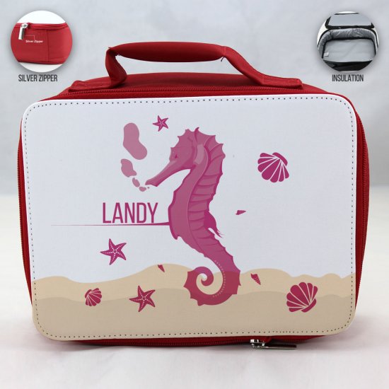 Personalized Sea Horse Theme - Red School Lunch Box for kids - Click Image to Close