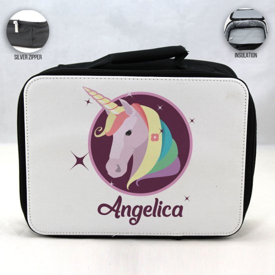 Personalized Unicorn Design - Black School Lunch Box for kids - Click Image to Close