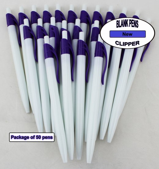 Clipper Pens - White Body with Purple Clip - Blanks - 50pkg - Click Image to Close