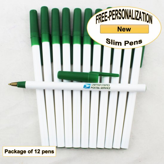 Slim Pen, White Body, Green Accents, 12 pkg - Custom Image - Click Image to Close