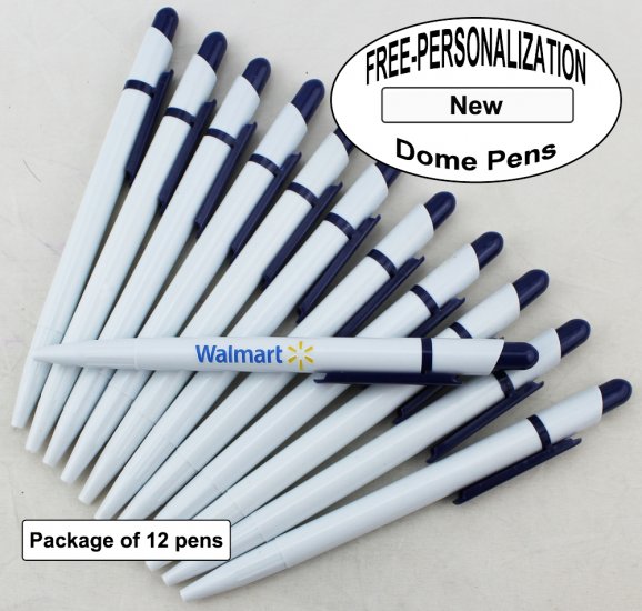 Dome Pen, White Body, Dark Blue Clip, 12 pkg - Custom Image - Click Image to Close