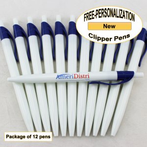 Clipper Pen, White Body, Blue Clip, 12 pkg - Custom Image