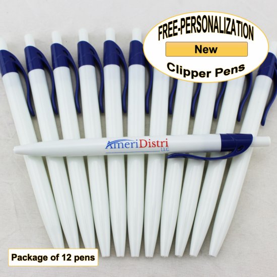 Clipper Pen, White Body, Blue Clip, 12 pkg - Custom Image - Click Image to Close