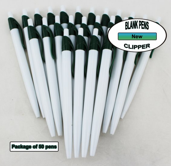 Clipper Pens - White Body with Green Clip - Blanks - 50pkg - Click Image to Close