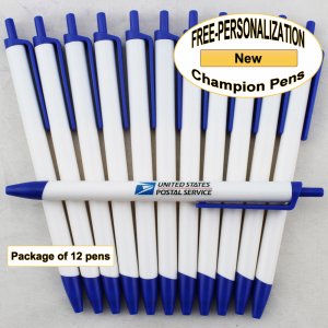 Champion Pen, White Body, Blue Accents 12 pkg - Custom Image