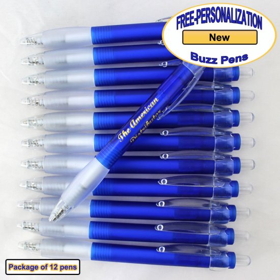 Personalized Buzz Pen, Translucent Blue Body Clear Grip 12 pkg. - Click Image to Close