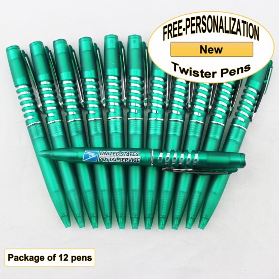 Twister Pen, Silver Accents, Green Body, 12pkg-Custom Image - Click Image to Close