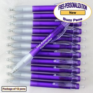 Personalized Buzz Pen, Translucent Purple Body Clear Grip 12 pkg