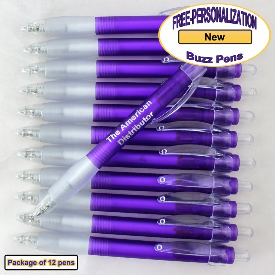 Personalized Buzz Pen, Translucent Purple Body Clear Grip 12 pkg - Click Image to Close