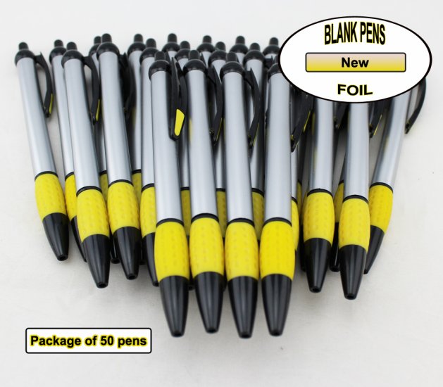 Foil Pen -Silver Foil Body with Yellow Accents- Blanks - 50pkg - Click Image to Close