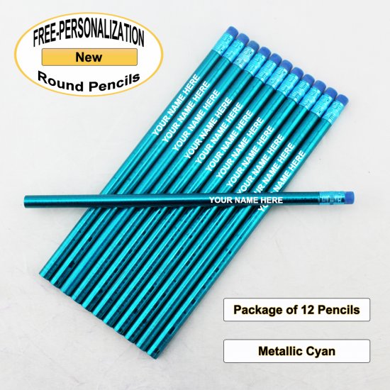 ezpencils - Personalized Metallic Cyan Round Pencil - 12 pkg - Click Image to Close
