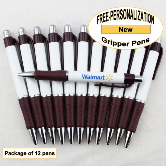 Gripper Pen, White Body, Burgundy Grip, 12 pkg - Custom Image - Click Image to Close