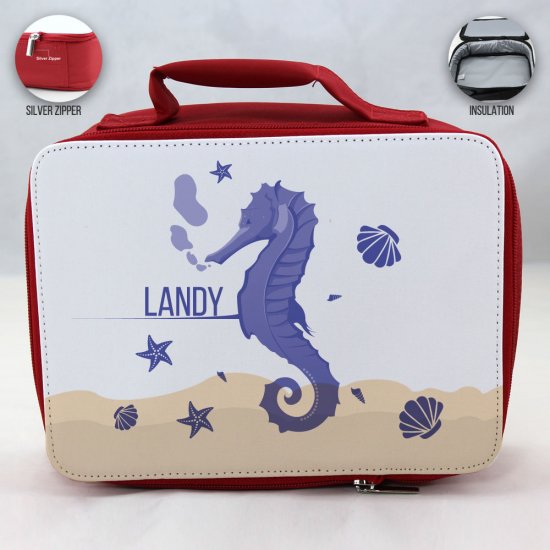 Personalized Sea Horse Theme - Red School Lunch Box for kids - Click Image to Close