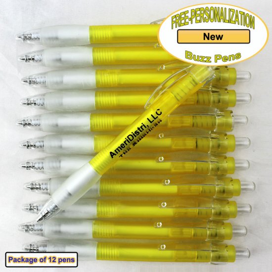 Personalized Buzz Pen, Translucent Yellow Body Clear Grip 12 pkg - Click Image to Close