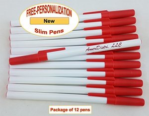 Personalized - Slim Pens - White Body with Red Cap, Blue Ink