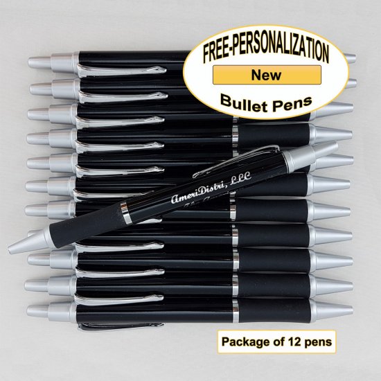 Personalized Bullet Pen, Black Body Silver Accents 12 pkg - Click Image to Close