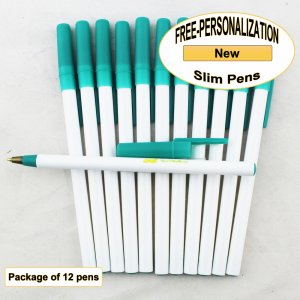 Slim Pen, White Body, Teal Accents, 12 pkg - Custom Image