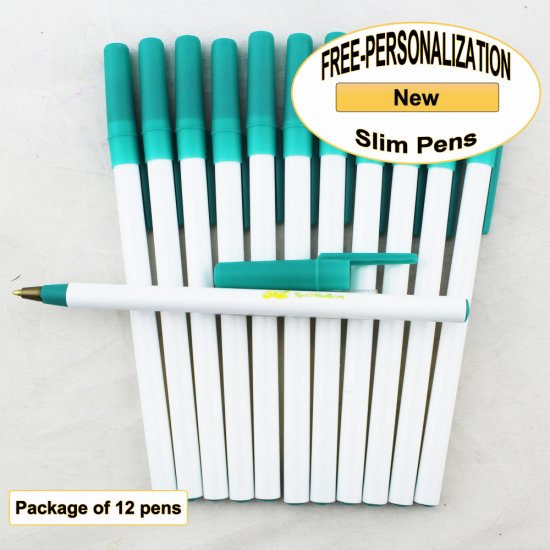 Slim Pen, White Body, Teal Accents, 12 pkg - Custom Image - Click Image to Close