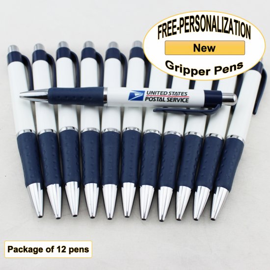 Gripper Pen, White Body, Navy Blue Grip, 12 pkg - Custom Image - Click Image to Close