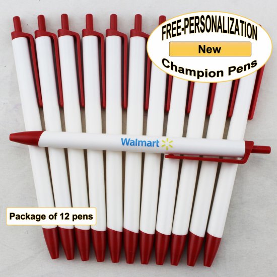 Champion Pen, White Body, Red Accents 12 pkg - Custom Image - Click Image to Close