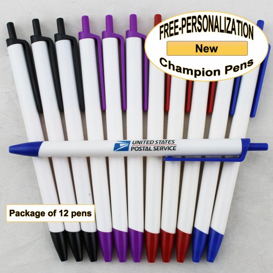 Champion Pen, White Body, Assorted Accents 12 pkg - Custom Image - Click Image to Close