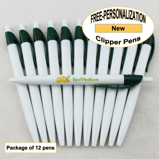 Clipper Pen, White Body, Green Clip, 12 pkg - Custom Image - Click Image to Close