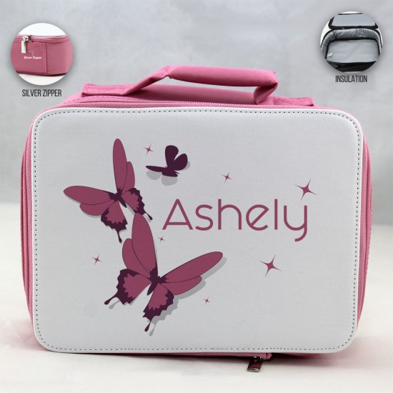 Personalized Butterfly Theme - Pink School Lunch Box for kids - Click Image to Close