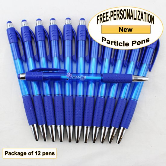 Particle Pen, Clear Dark Blue Body & Grip, 12 pkg-Custom Image - Click Image to Close