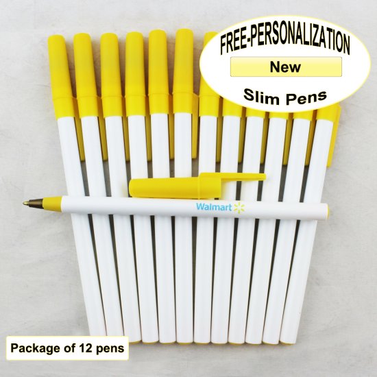 Slim Pen, White Body, Yellow Accents, 12 pkg - Custom Image - Click Image to Close