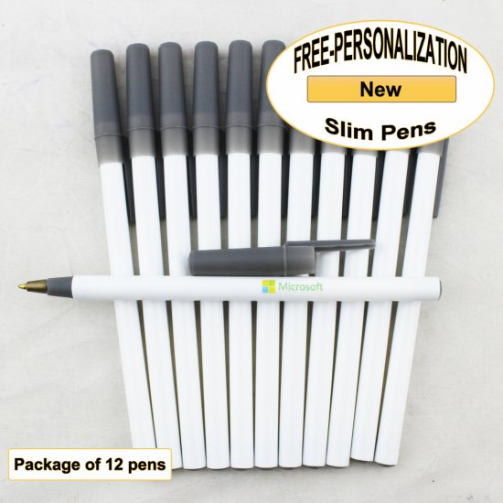 Slim Pen, White Body, Gray Accents, 12 pkg - Custom Image - Click Image to Close