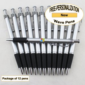 Wave Pen, Silver Body, Black Grip, 12 pkg - Custom Image