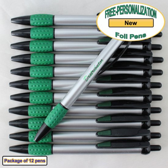 Personalized Foil Pen, Silver Body with a Green Gripper 12 pkg - Click Image to Close