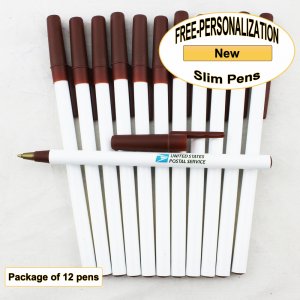 Slim Pen, White Body, Brown Accents, 12 pkg - Custom Image