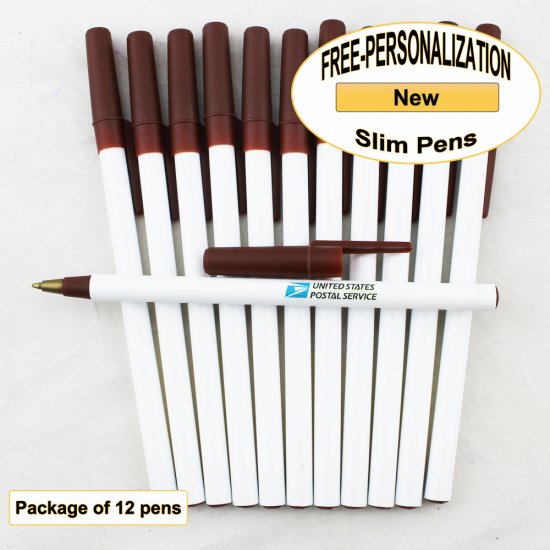 Slim Pen, White Body, Brown Accents, 12 pkg - Custom Image - Click Image to Close
