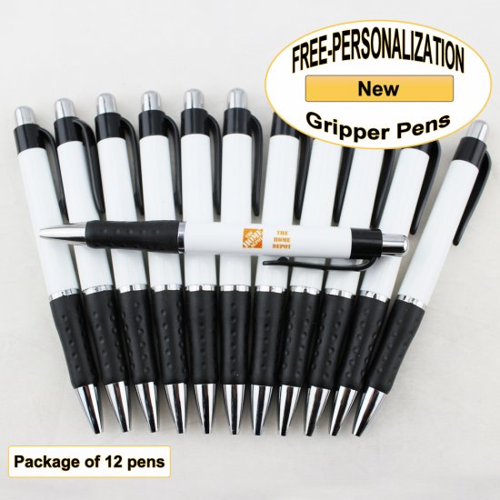 Gripper Pen, White Body, Black Grip, 12 pkg - Custom Image - Click Image to Close