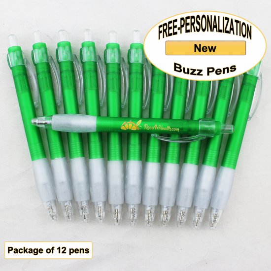 Buzz Pen, Green Body, White Grip, 12 pkg - Custom Image - Click Image to Close