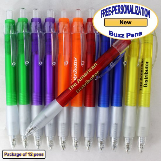 Personalized Buzz Pen, Translucent Assort Body Clear Grip 12 pkg - Click Image to Close