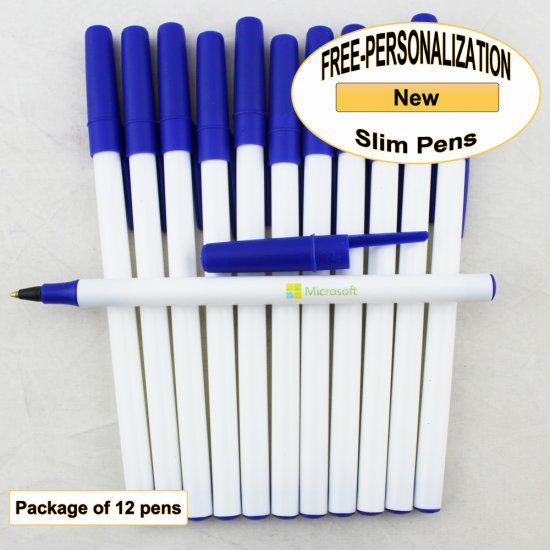 Slim Pen, White Body, Blue Accents, 12 pkg - Custom Image - Click Image to Close