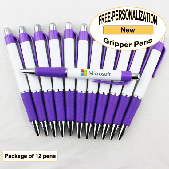 Gripper Pen, White Body, Purple Grip, 12 pkg - Custom Image - Click Image to Close