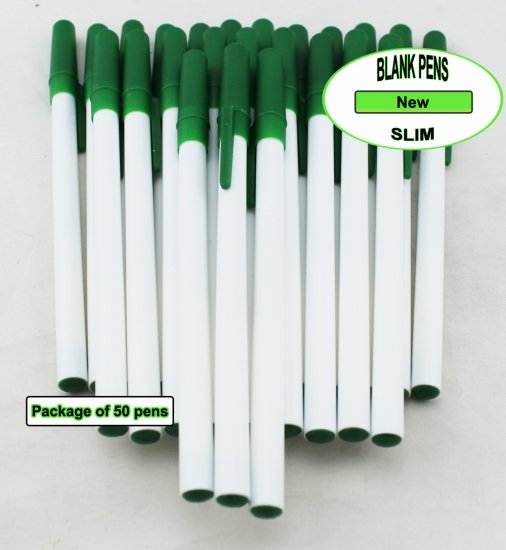 Slim Pen -White Body and Green Accents- Blanks - 50pkg - Click Image to Close