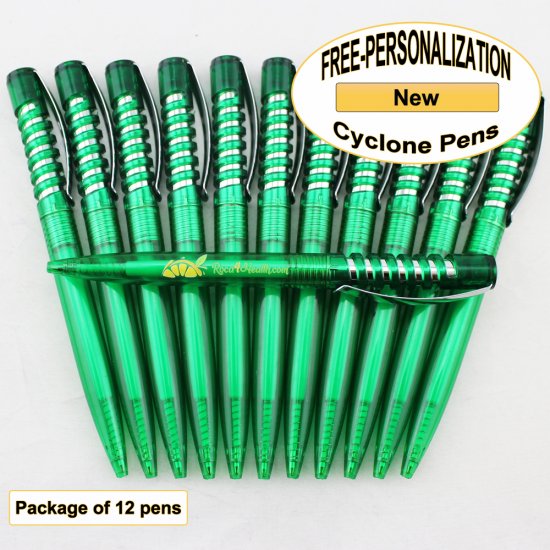 Cyclone Pen, Green Body, Silver Accents, 12 pkg -Custom Image - Click Image to Close