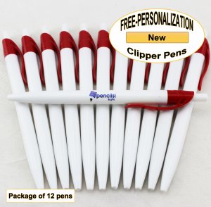 Clipper Pen, White Body, Red Clip, 12 pkg - Custom Image