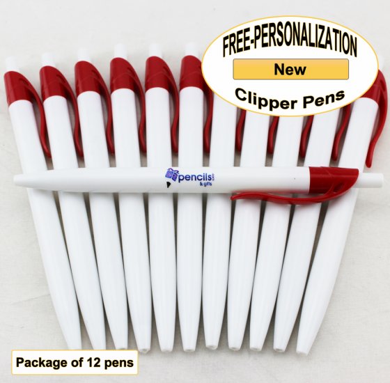 Clipper Pen, White Body, Red Clip, 12 pkg - Custom Image - Click Image to Close